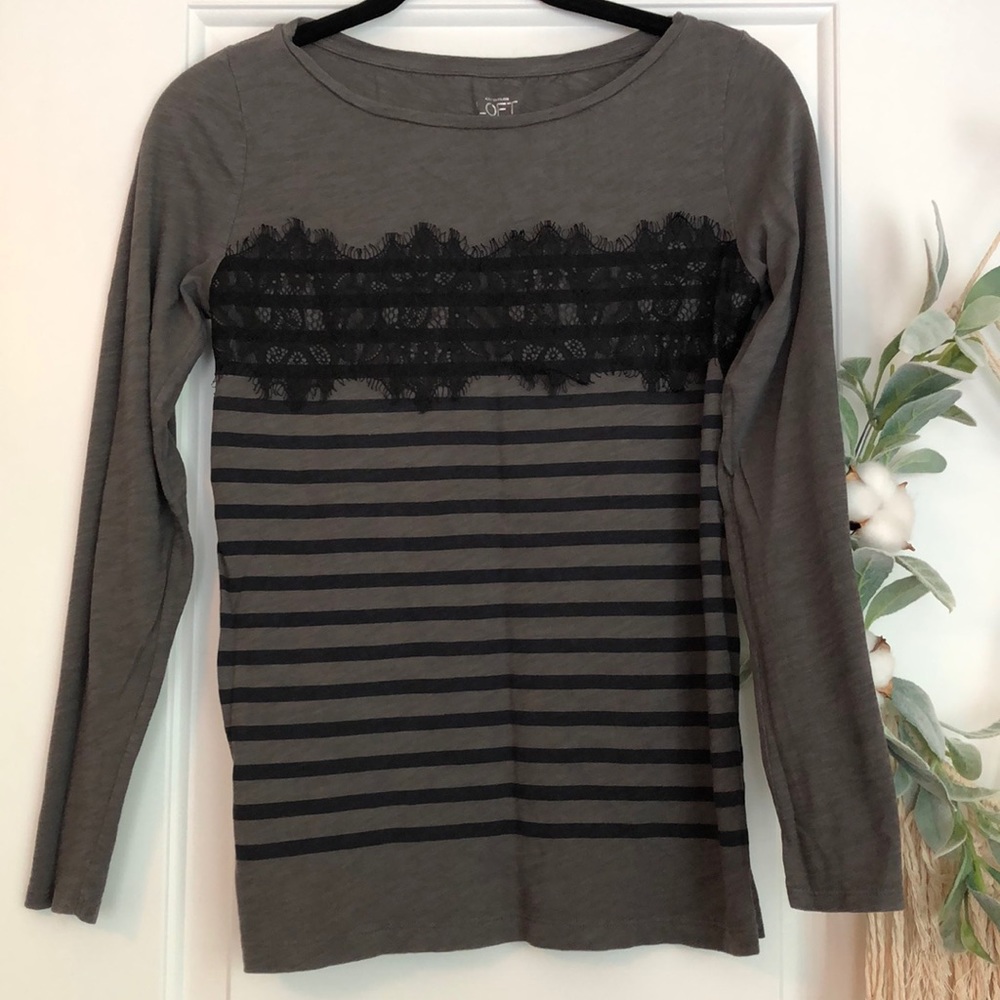 3/$20 LOFT Lace Striped Grey Long Sleeve Tee Sz S